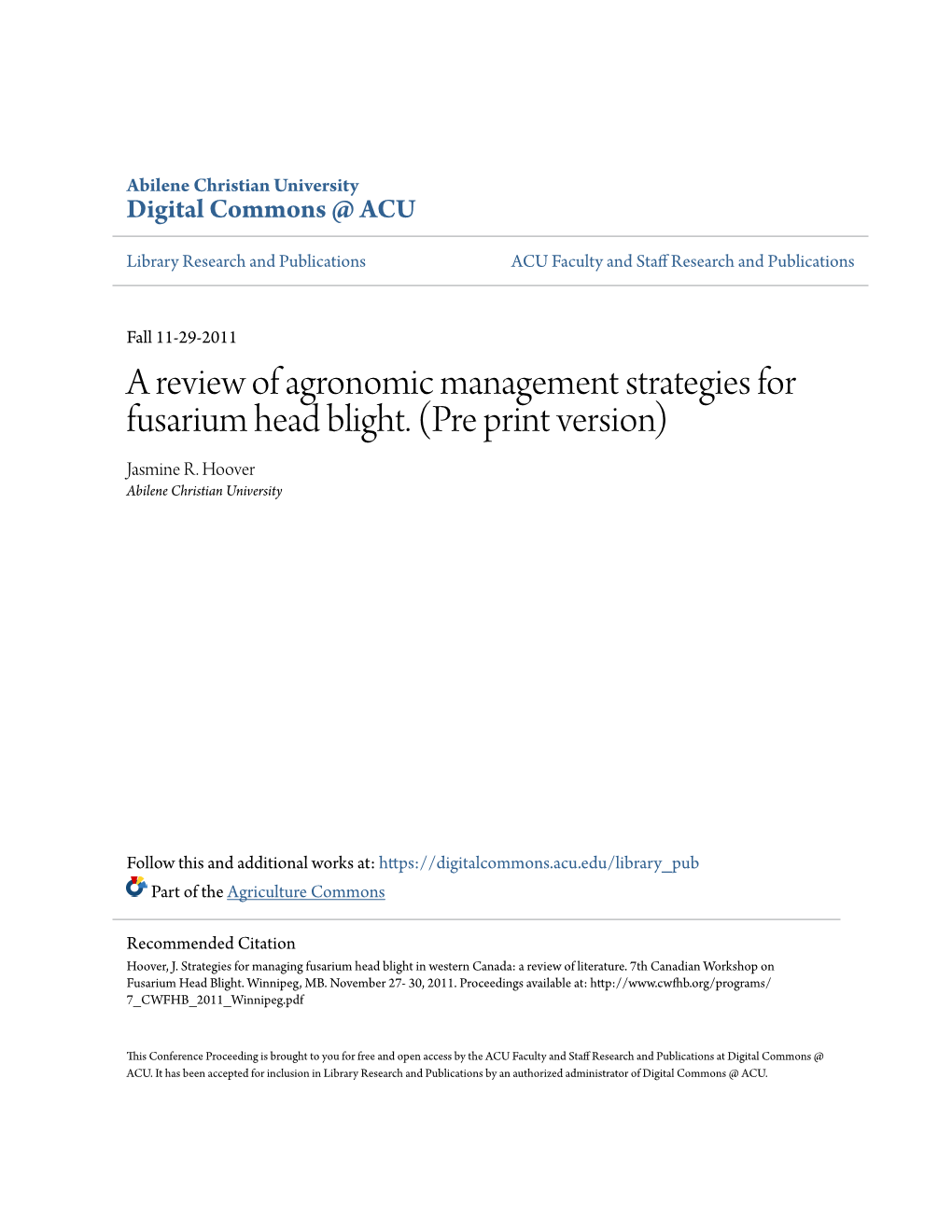 A Review of Agronomic Management Strategies for Fusarium Head Blight