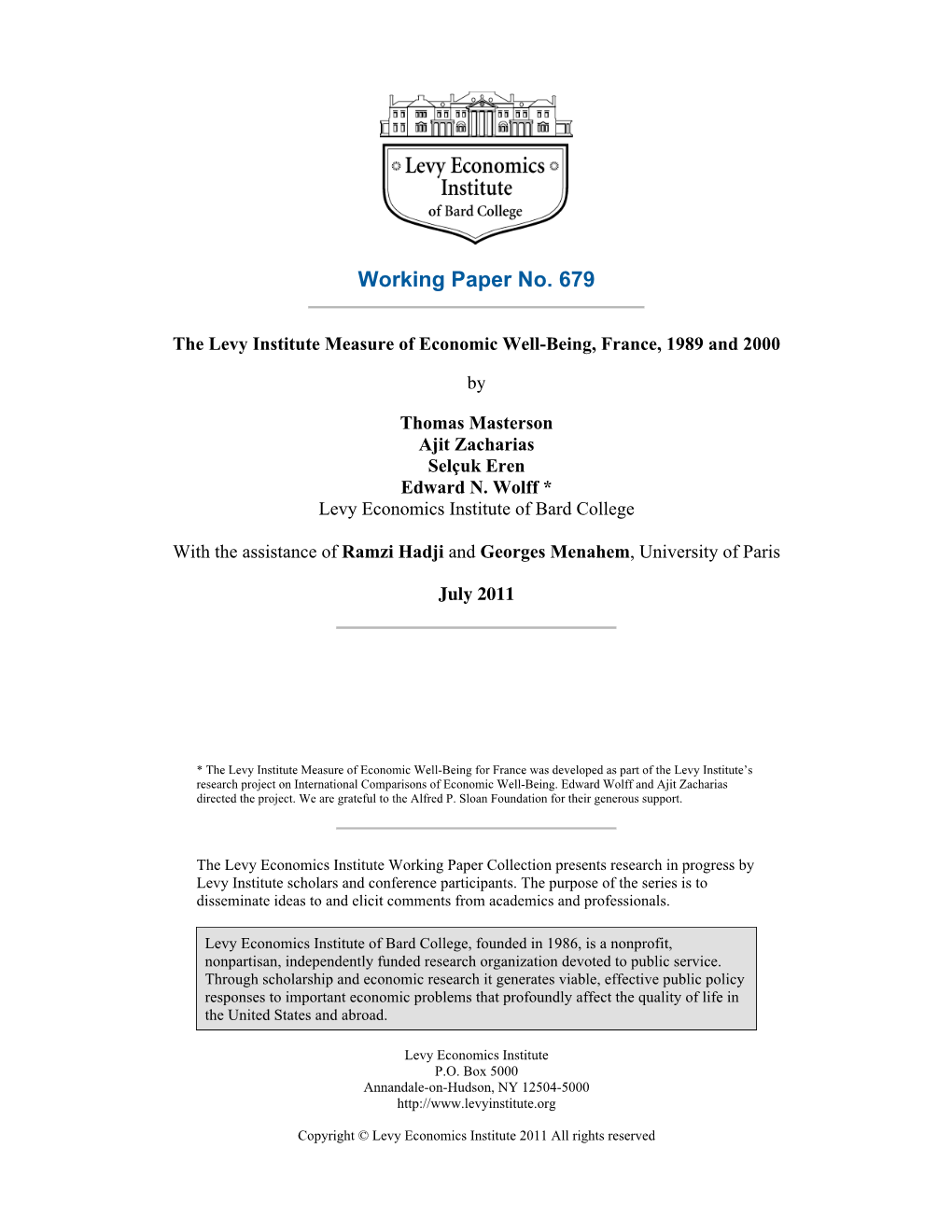 The Levy Institute Measure of Economic Well-Being, France, 1989 and 2000