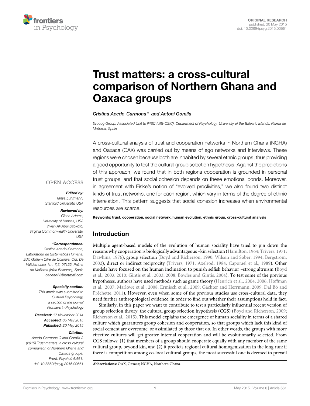 Trust Matters: a Cross-Cultural Comparison of Northern Ghana and Oaxaca Groups