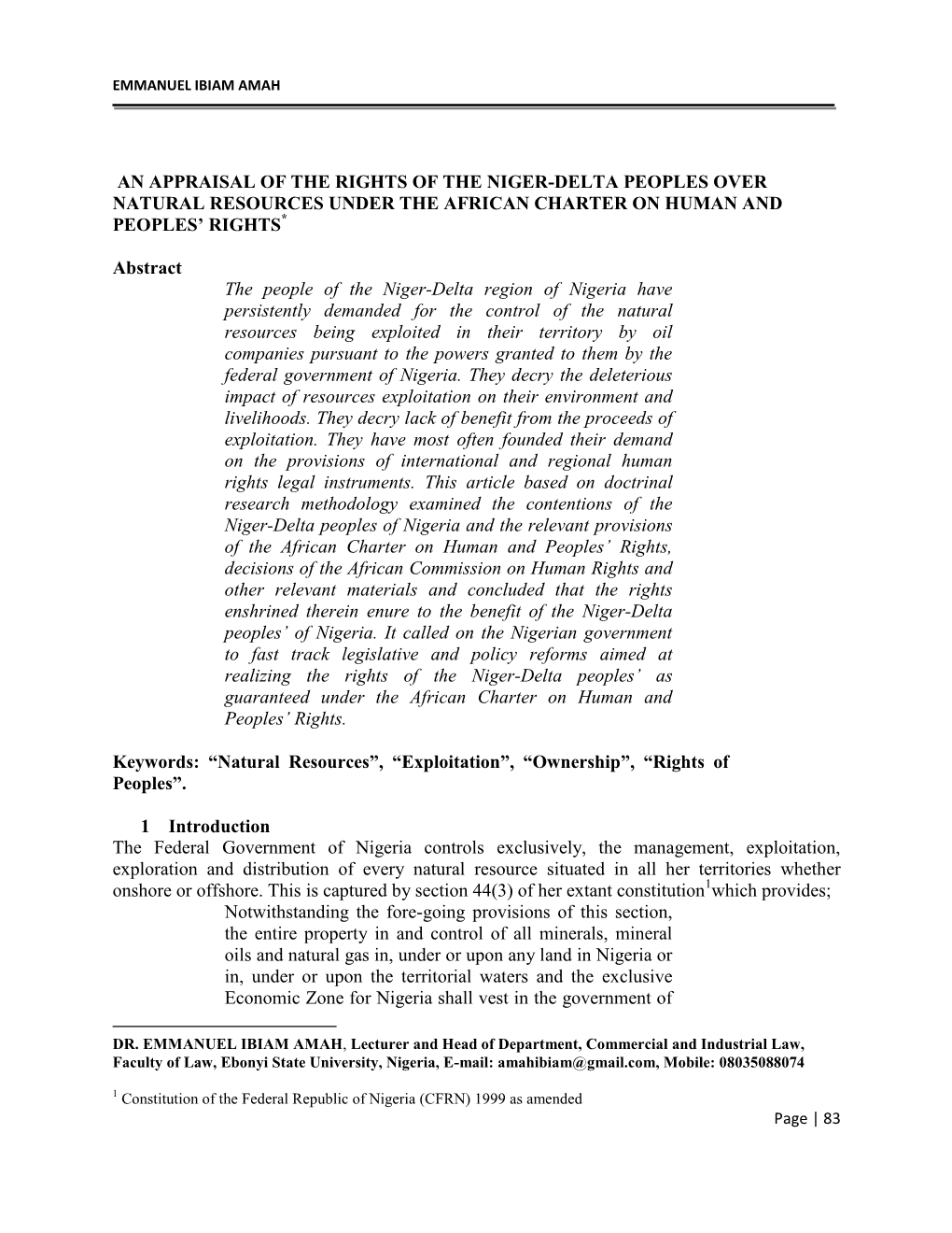 An Appraisal of the Rights of the Niger-Delta Peoples Over Natural Resources Under the African Charter on Human and Peoples’ Rights*