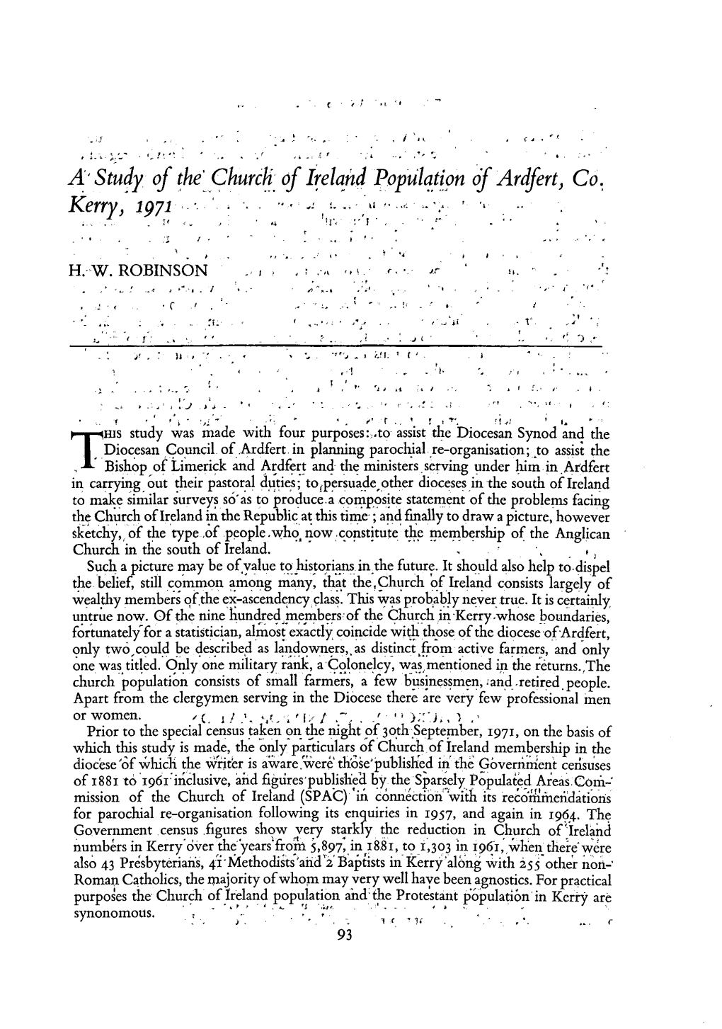 A'study of The' Church of Ireland Population of Ardfert, Co. Kerry, 1971 " •