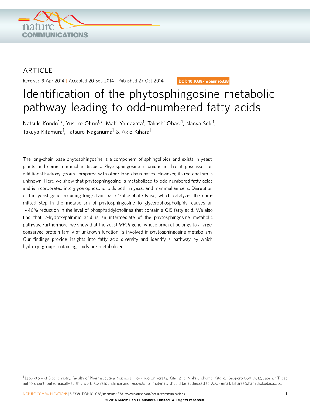 Identification of the Phytosphingosine Metabolic Pathway Leading to Odd