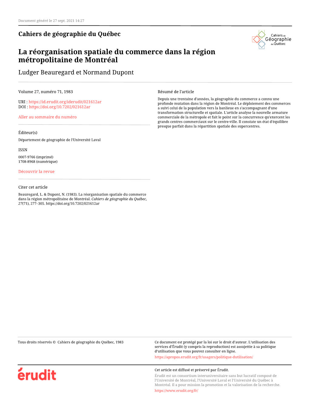 La Réorganisation Spatiale Du Commerce Dans La Région Métropolitaine De Montréal Ludger Beauregard Et Normand Dupont