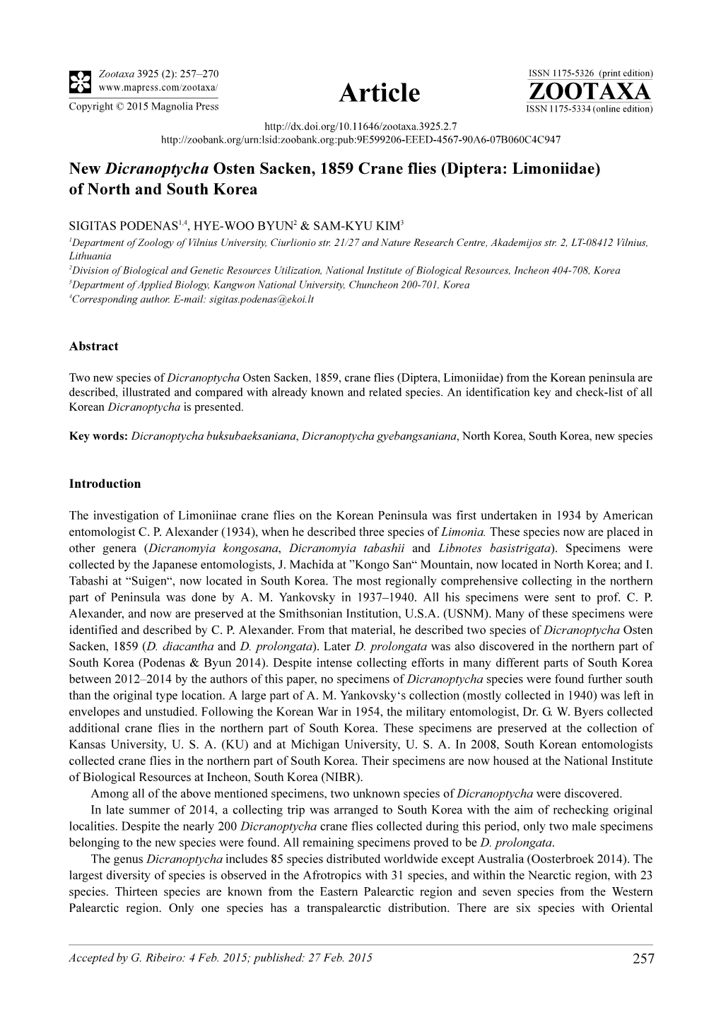 Diptera: Limoniidae) of North and South Korea