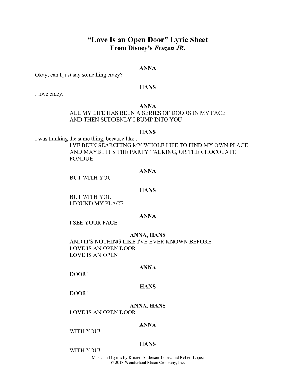 “Love Is an Open Door” Lyric Sheet from Disney’S Frozen JR