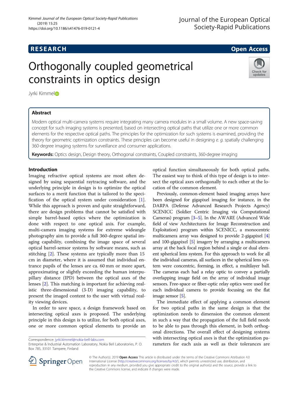 Orthogonally Coupled Geometrical Constraints in Optics Design Jyrki Kimmel