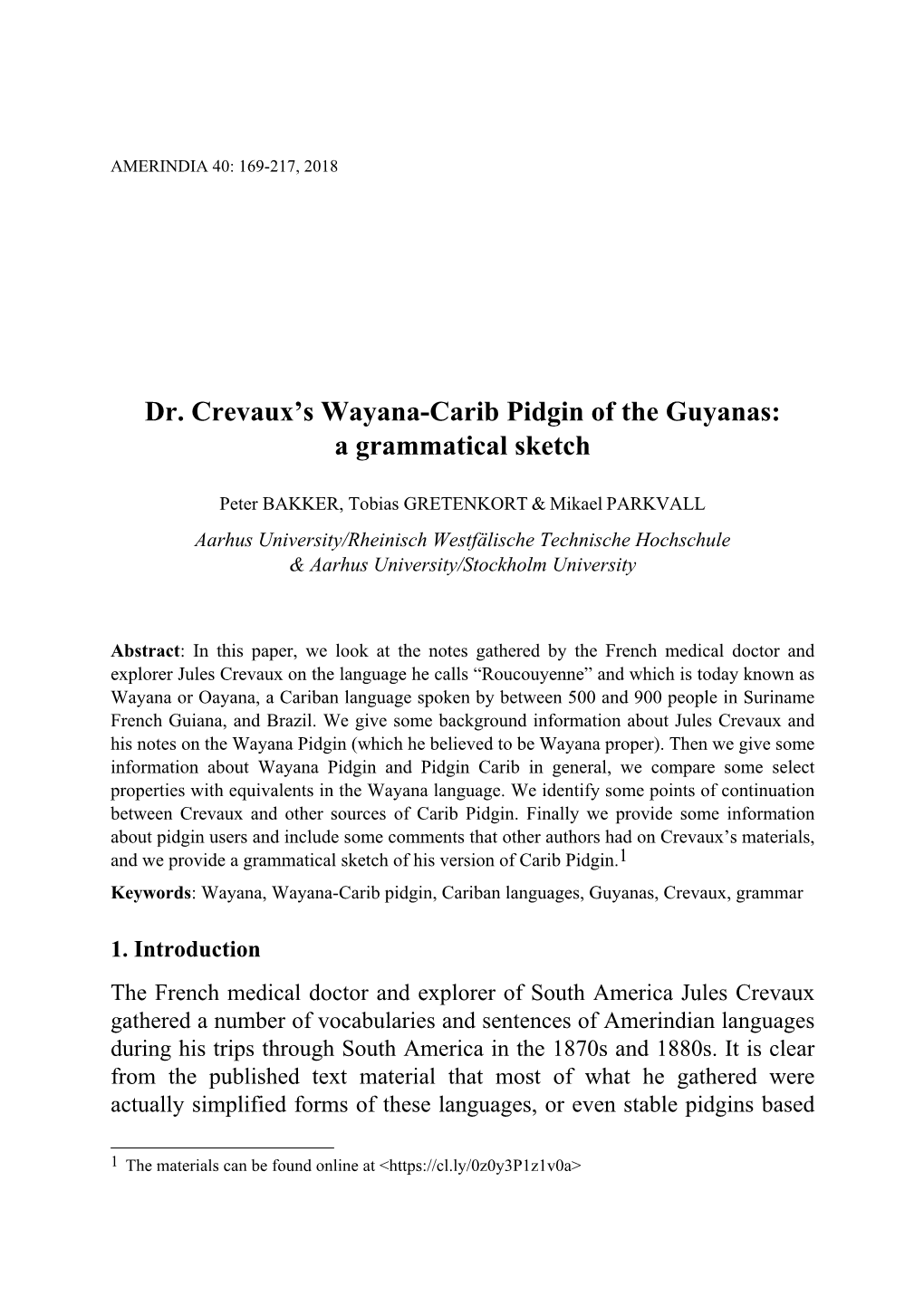 Dr. Crevaux's Wayana-Carib Pidgin of the Guyanas
