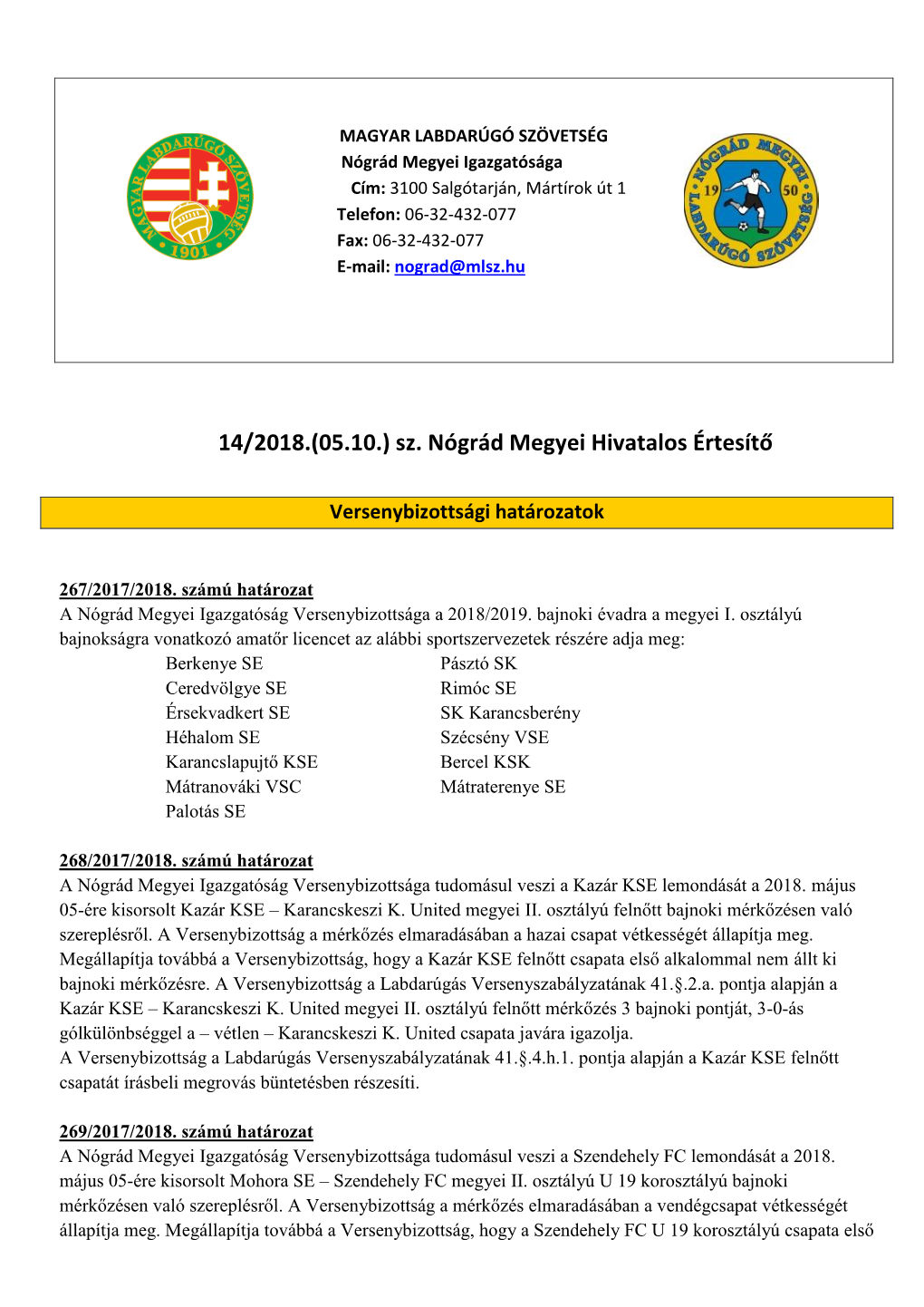 MAGYAR LABDARÚGÓ SZÖVETSÉG Nógrád Megyei Igazgatósága Cím: 3100 Salgótarján, Mártírok Út 1 Telefon: 06-32-432-077 Fax: 06-32-432-077 E-Mail: Nograd@Mlsz.Hu