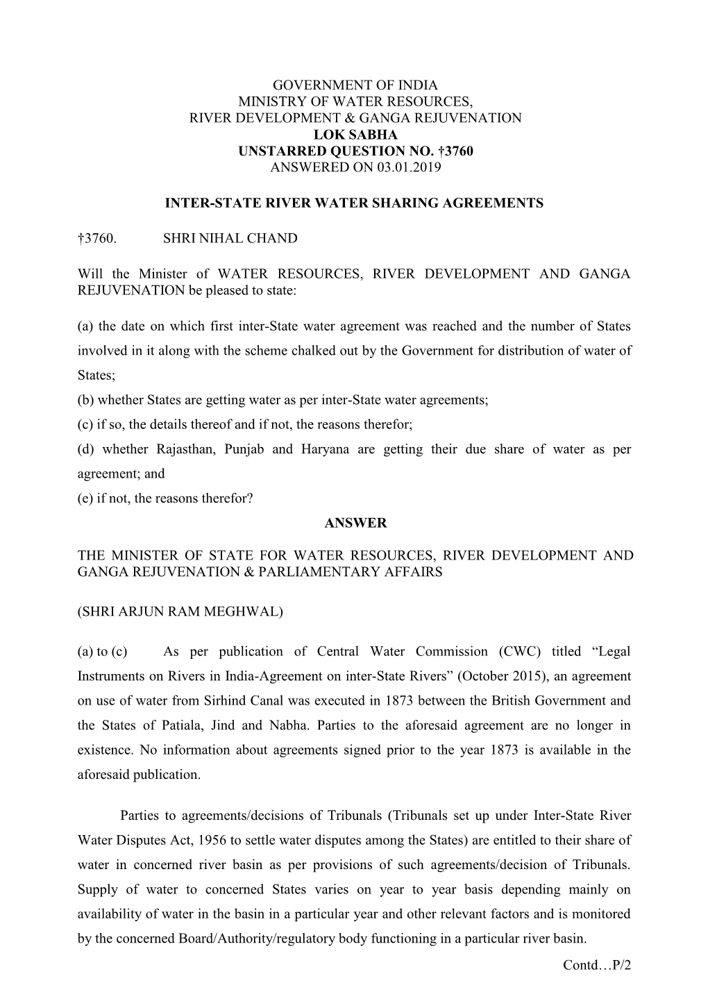 Government of India Ministry of Water Resources, River Development & Ganga Rejuvenation Lok Sabha Unstarred Question No. †