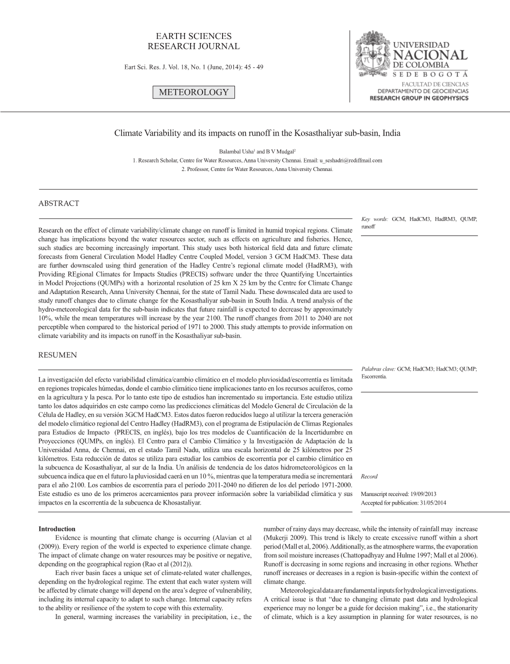 EARTH SCIENCES RESEARCH JOURNAL Climate Variability And