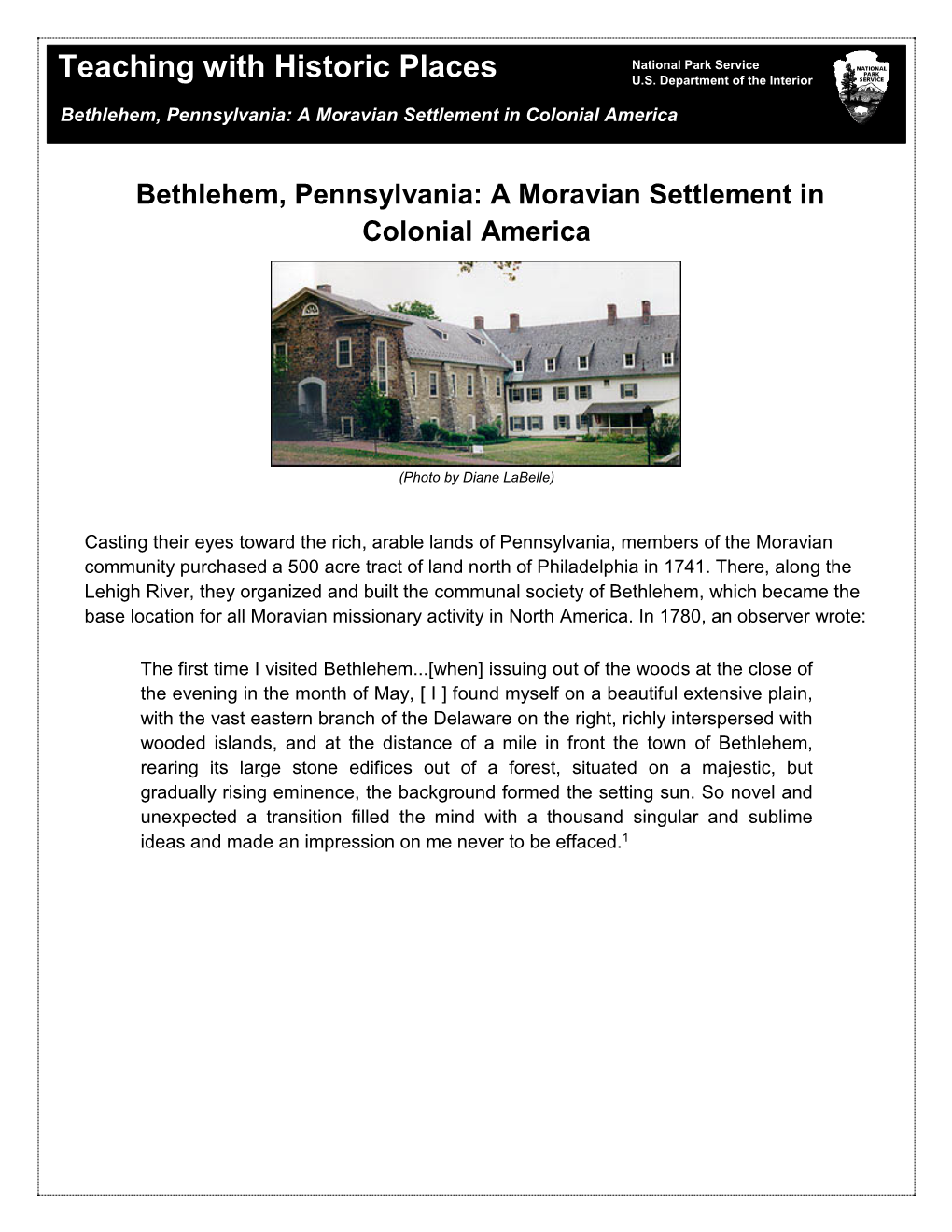 Bethlehem, Pennsylvania: a Moravian Settlement in Colonial America