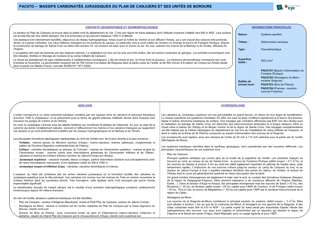 Pac07o – Massifs Carbonatés Jurassiques Du Plan De Canjuers Et Ses Unités De Bordure