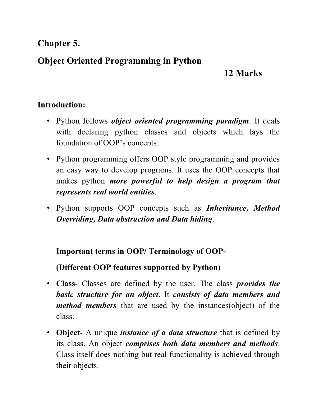 Chapter 5. Object Oriented Programming in Python 12 Marks