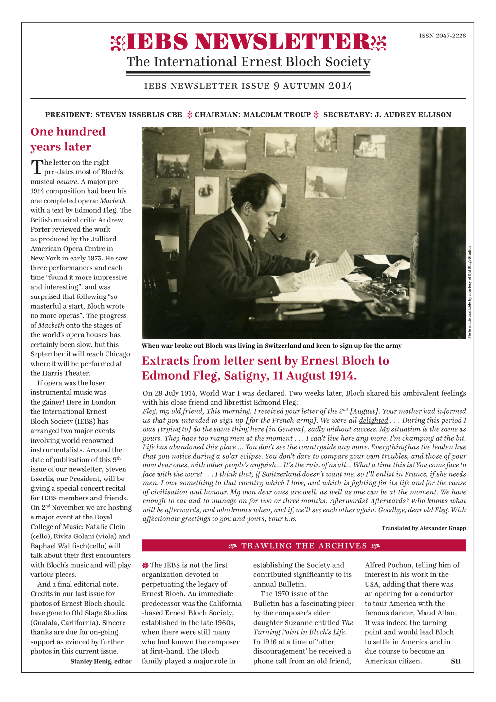 •IEBS NEWSLETTER• the International Ernest Bloch Society Iebs Newsletter Issue 9 AUTUMN 2014