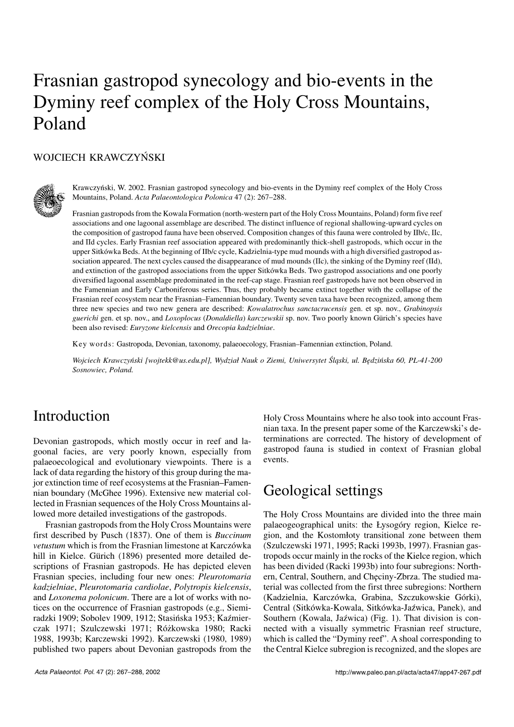 Frasnian Gastropod Synecology and Bio−Events in the Dyminy Reef Complex of the Holy Cross Mountains, Poland