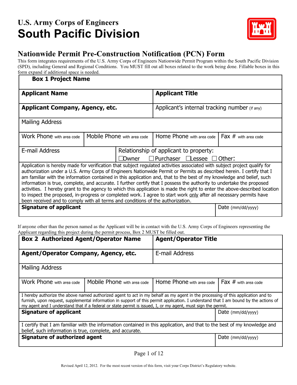 Nationwide Permit Pre-Construction Notification (PCN) Form