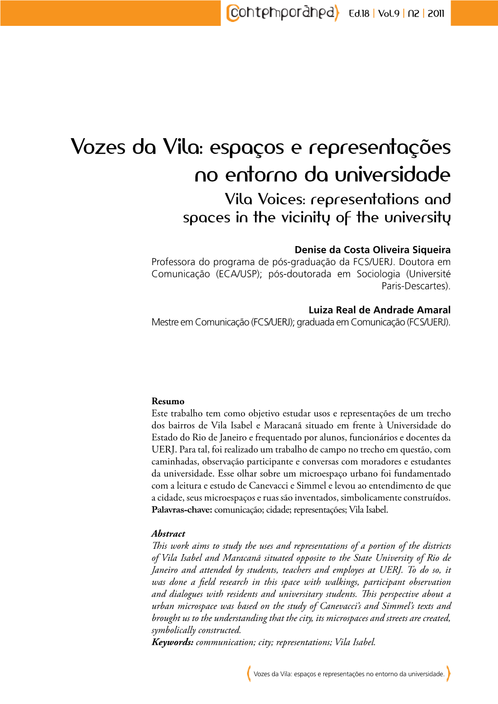 Vozes Da Vila: Espaços E Representações No Entorno Da Universidade Vila Voices: Representations and Spaces in the Vicinity of the University