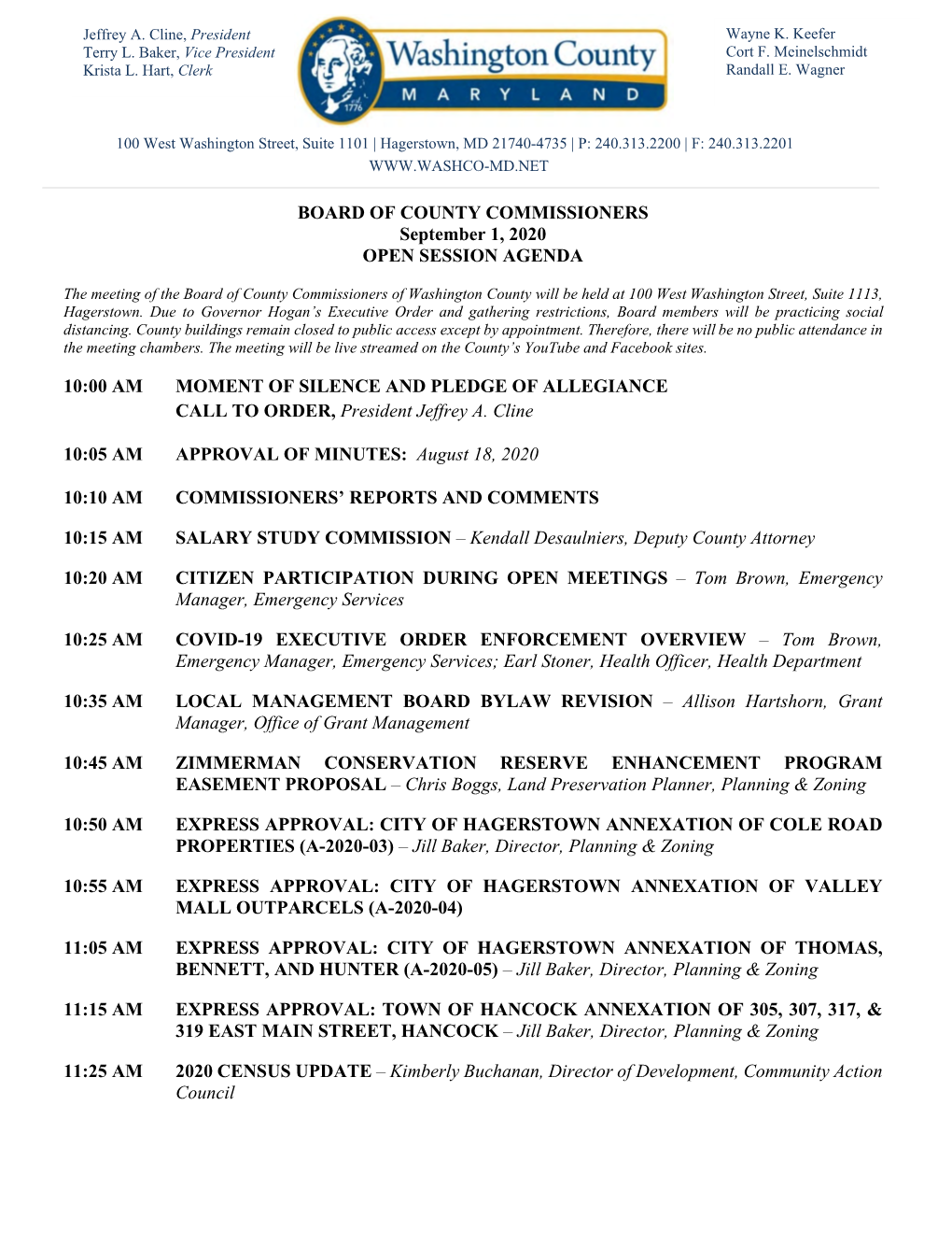 BOARD of COUNTY COMMISSIONERS September 1, 2020 OPEN SESSION AGENDA