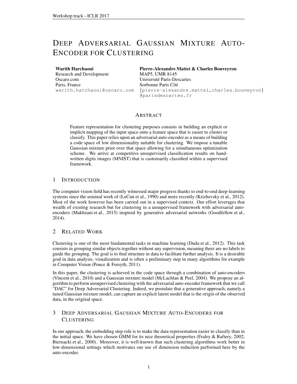 Deep Adversarial Gaussian Mixture Auto- Encoder for Clustering