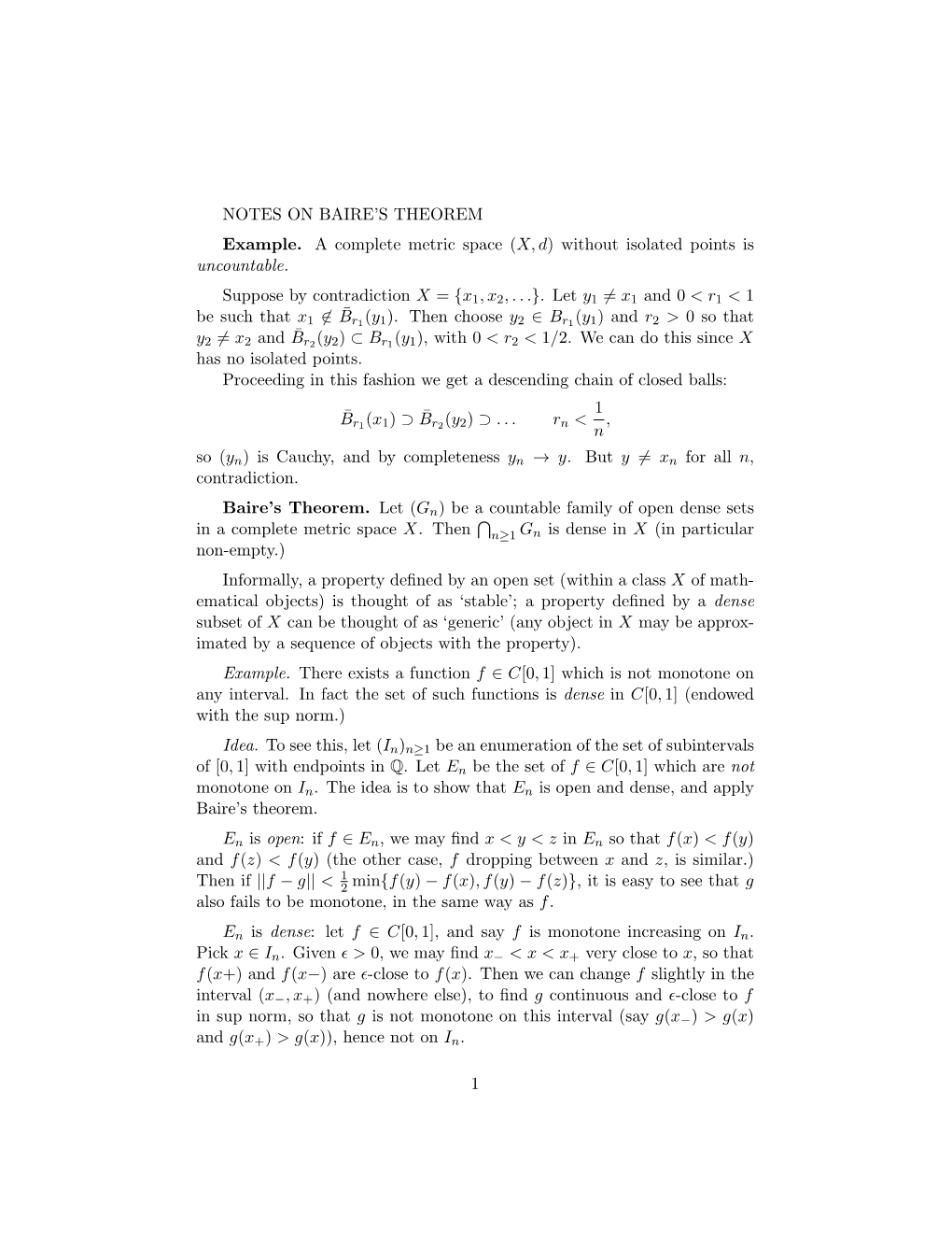 NOTES on BAIRE's THEOREM Example. a Complete Metric Space