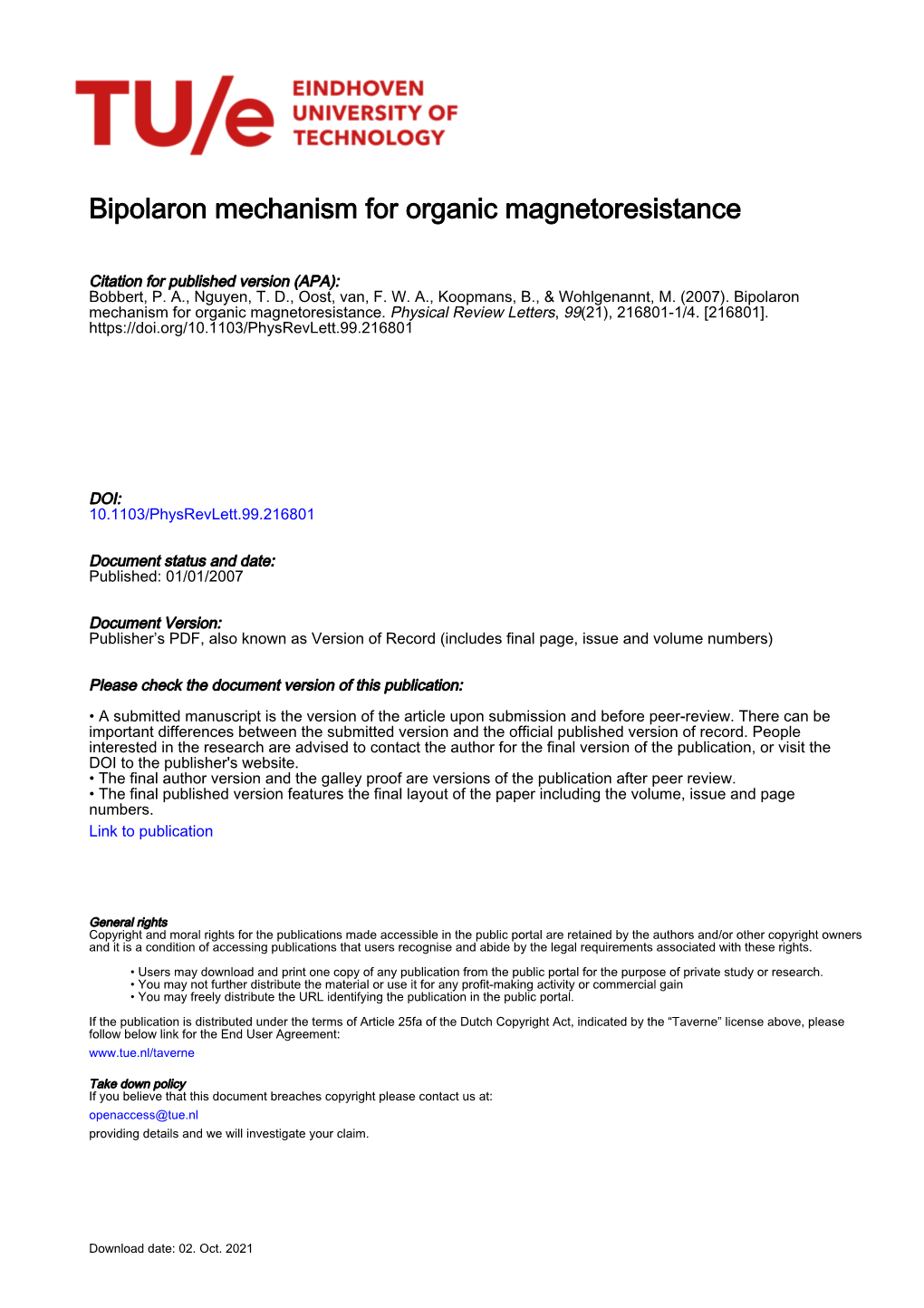 Bipolaron Mechanism for Organic Magnetoresistance