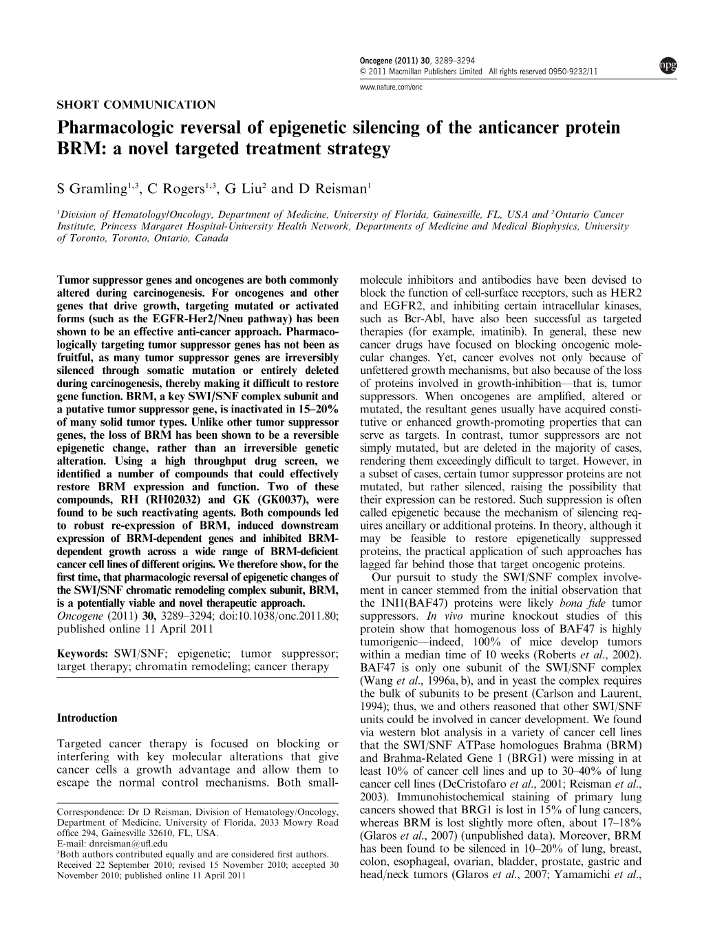 Pharmacologic Reversal of Epigenetic Silencing of the Anticancer Protein BRM: a Novel Targeted Treatment Strategy