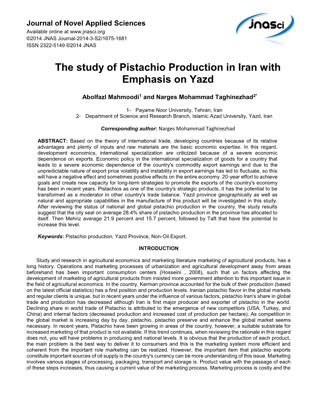 The Study of Pistachio Production in Iran with Emphasis on Yazd