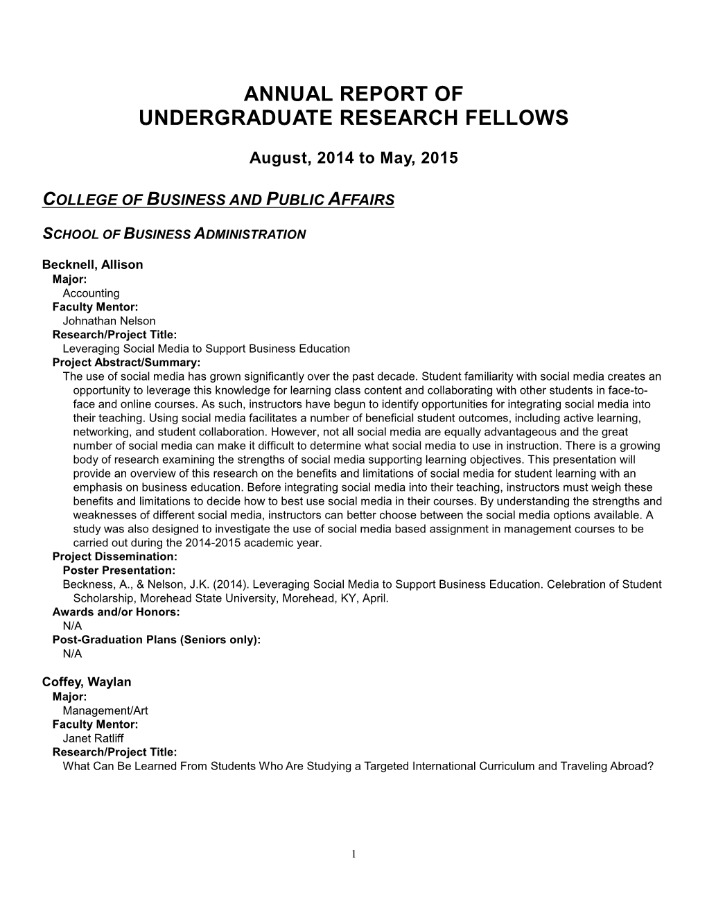Annual Report of Undergraduate Research Fellows