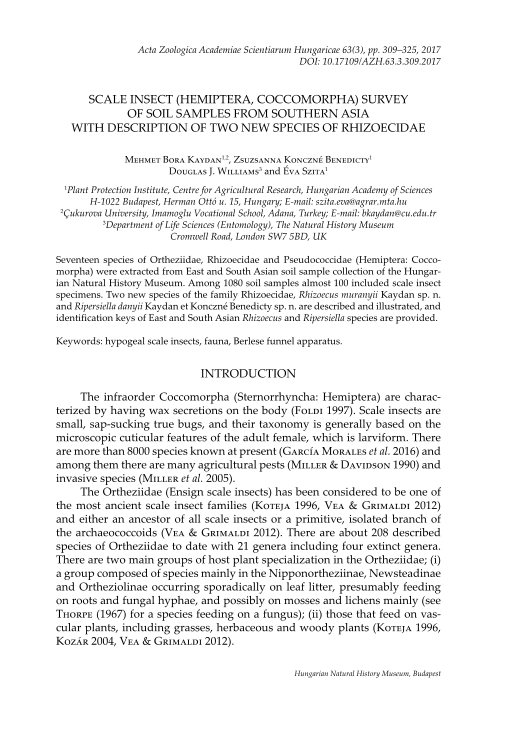 Scale Insect (Hemiptera, Coccomorpha) Survey of Soil Samples from Southern Asia with Description of Two New Species of Rhizoecidae