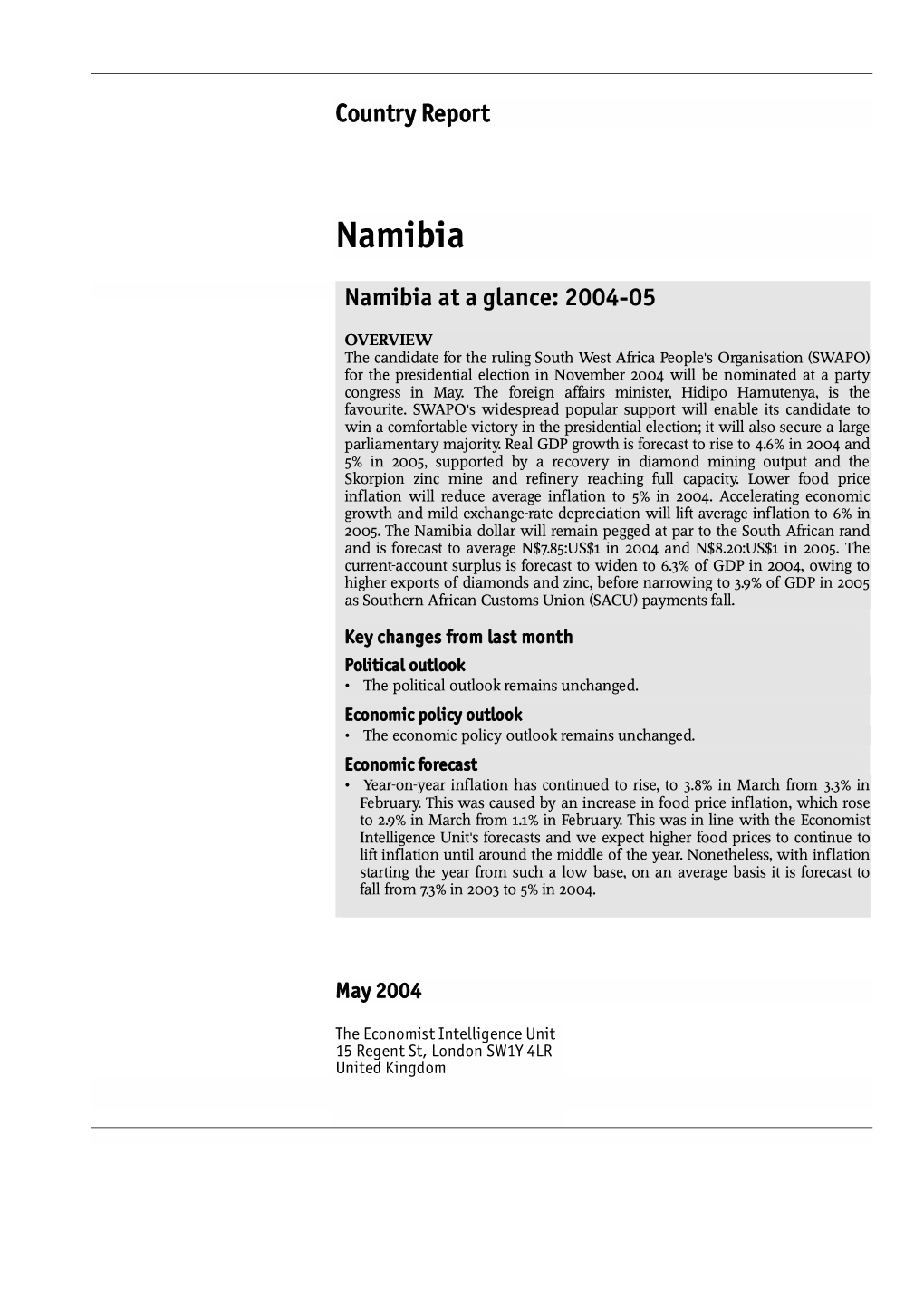 Namibia at a Glance: 2004-05