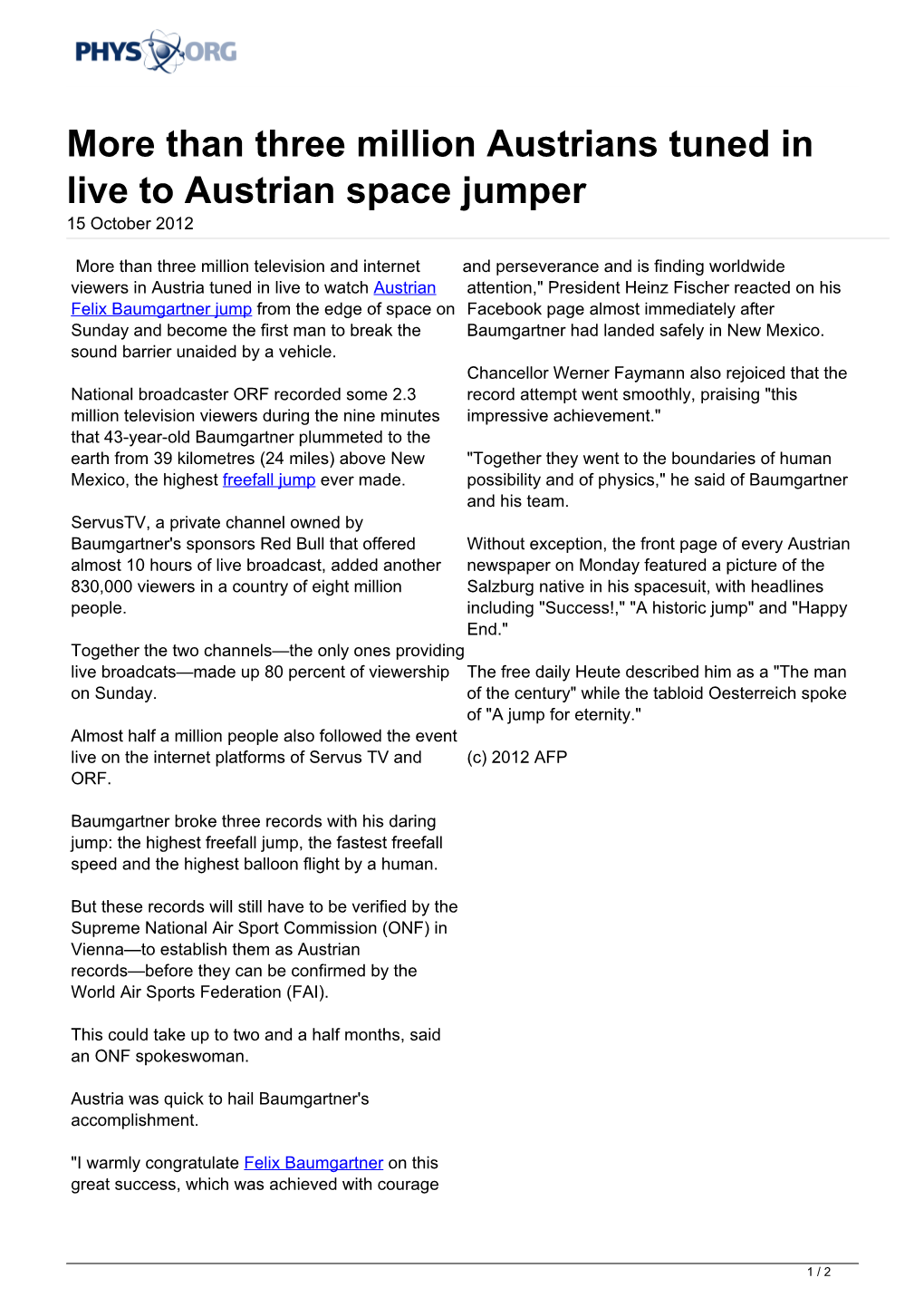 Than Three Million Austrians Tuned in Live to Austrian Space Jumper 15 October 2012