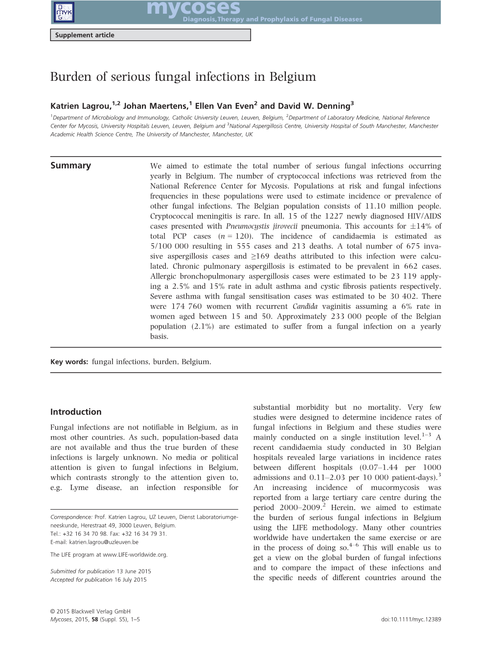 Burden of Serious Fungal Infections in Belgium