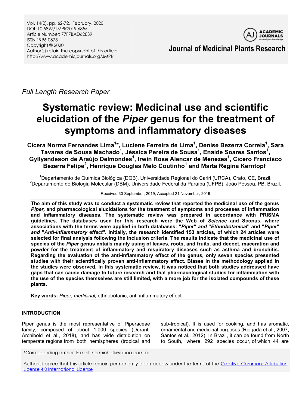 Systematic Review: Medicinal Use and Scientific Elucidation of the Piper Genus for the Treatment of Symptoms and Inflammatory Diseases
