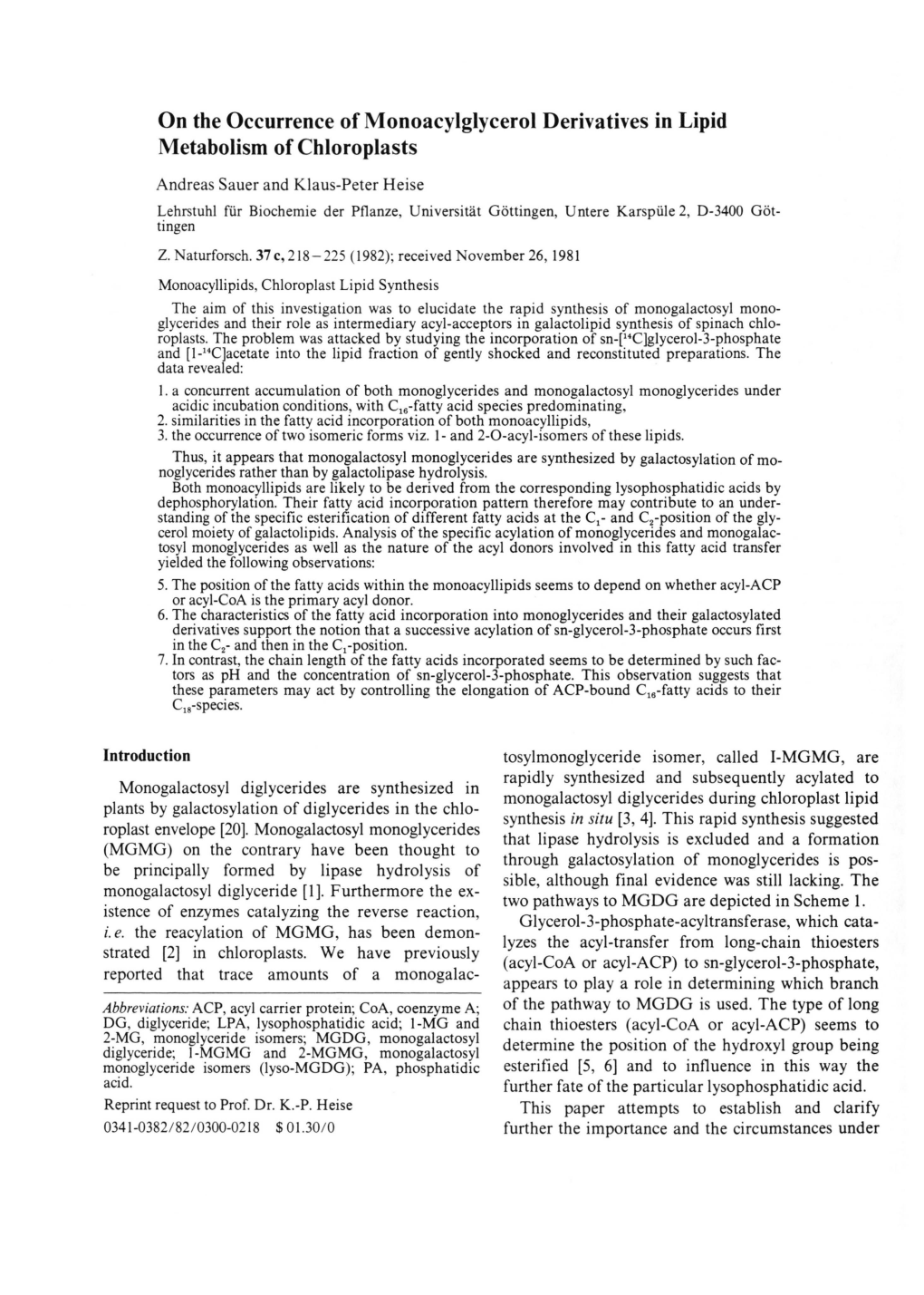 On the Occurrence of Monoacylglycerol Derivatives in Lipid Metabolism of Chloroplasts