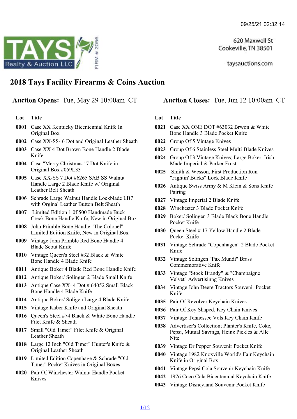 2018 Tays Facility Firearms & Coins Auction