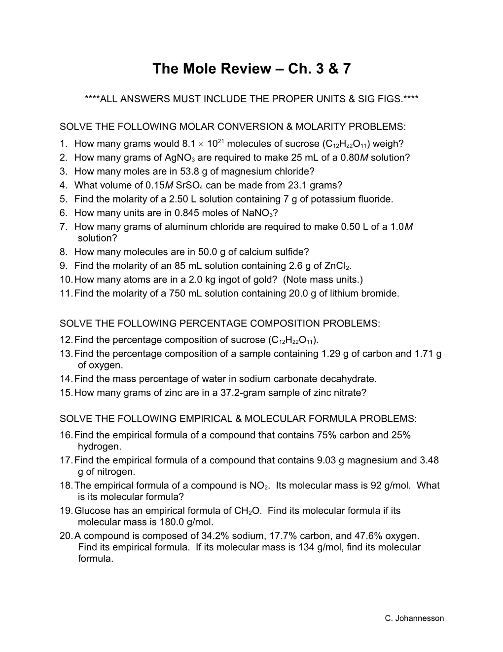 Chemistry Test Review Sheet