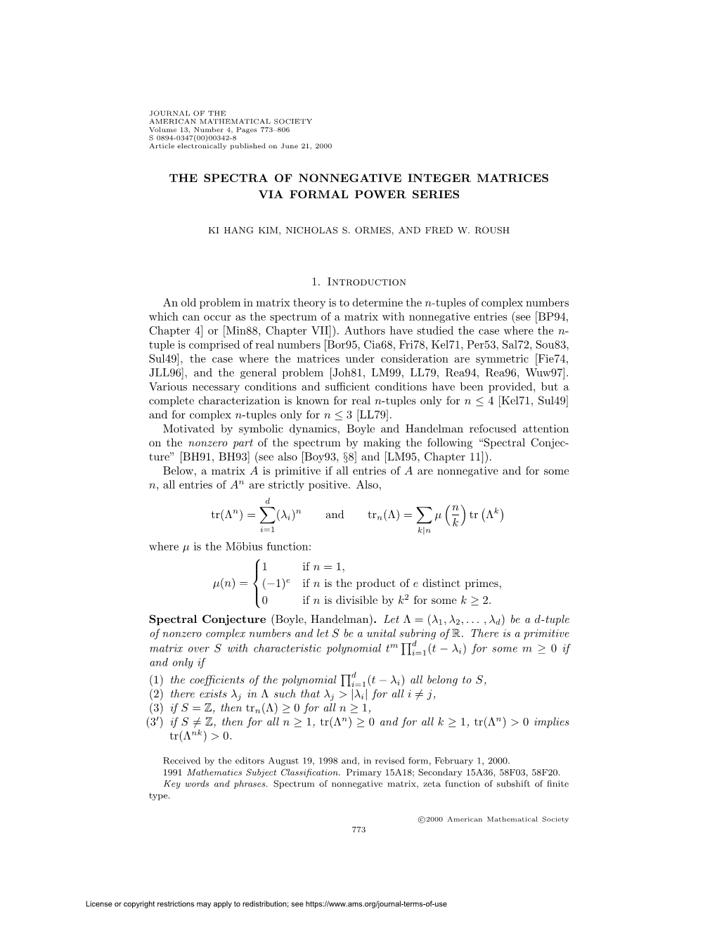 The Spectra of Nonnegative Integer Matrices Via Formal Power Series