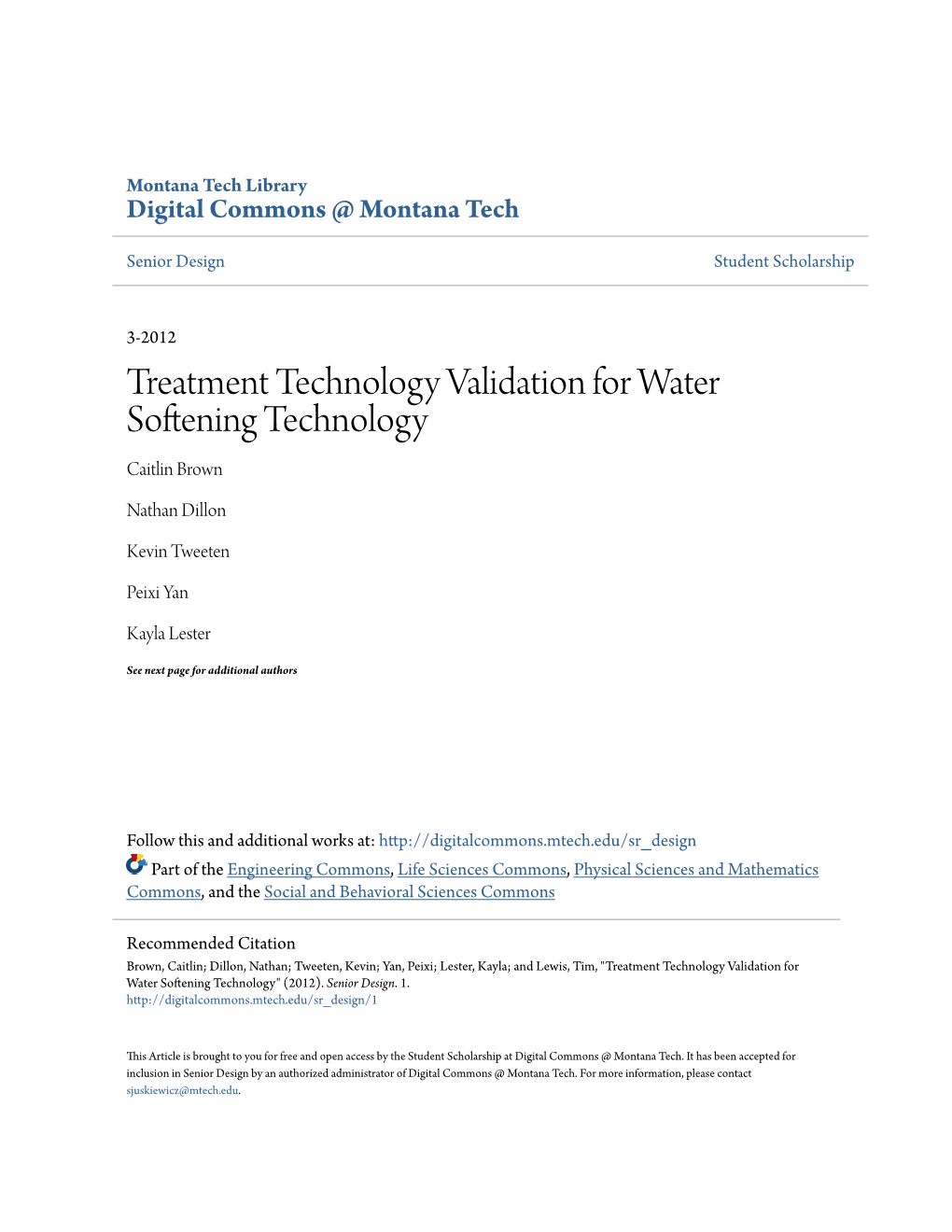 Treatment Technology Validation for Water Softening Technology Caitlin Brown