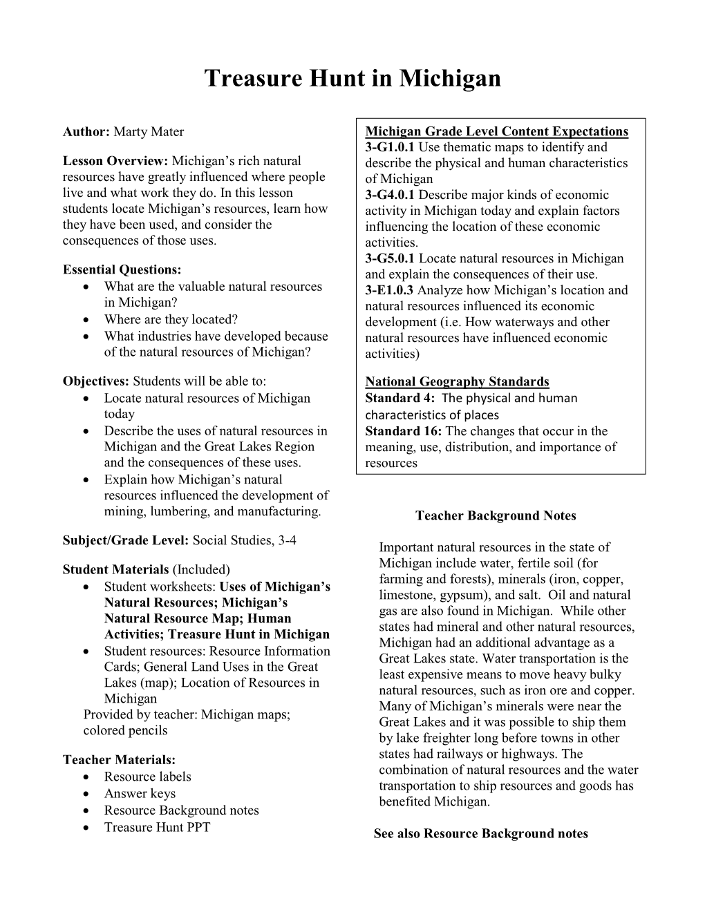 Treasure Hunt in Michigan Lesson Plan