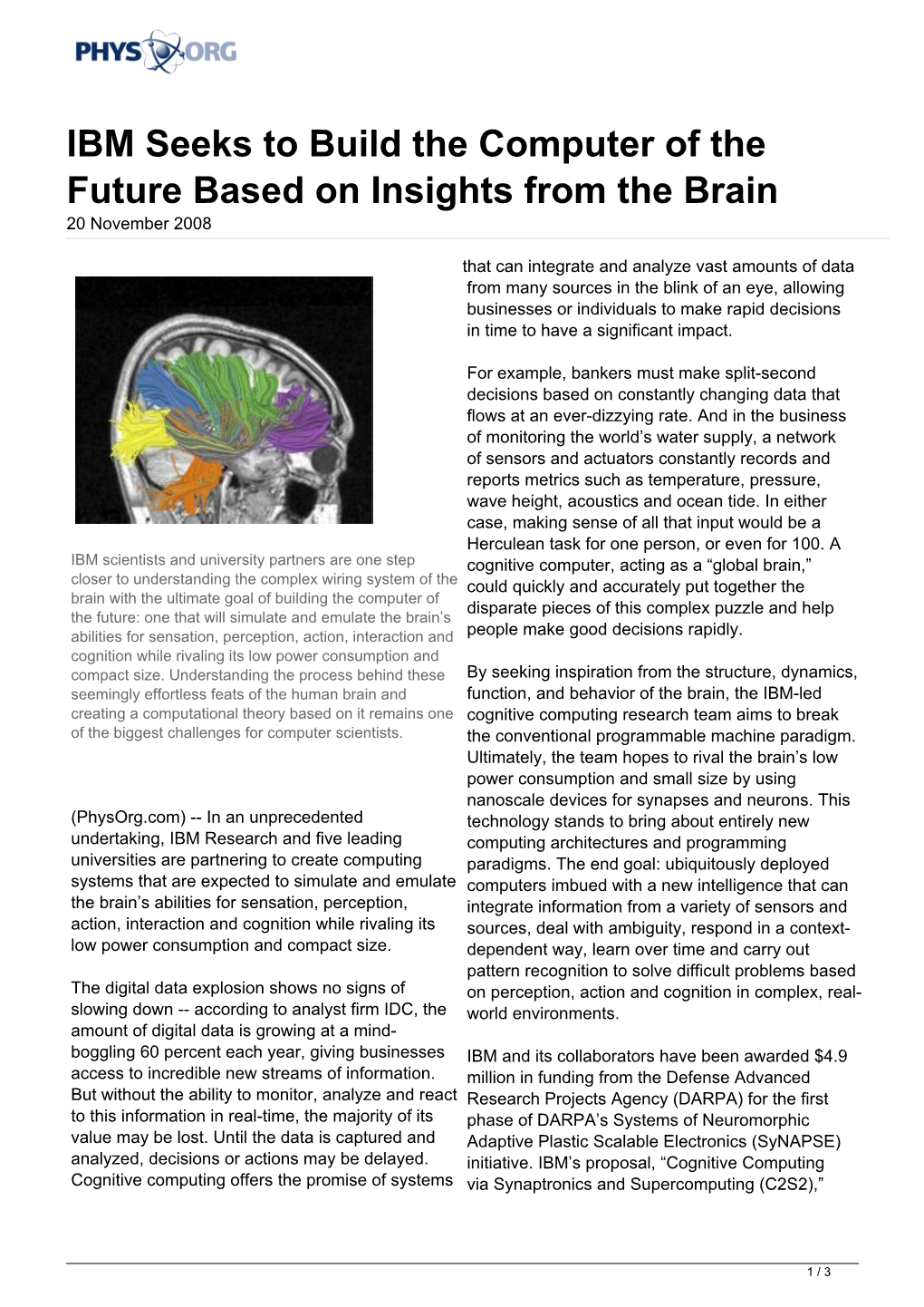 IBM Seeks to Build the Computer of the Future Based on Insights from the Brain 20 November 2008