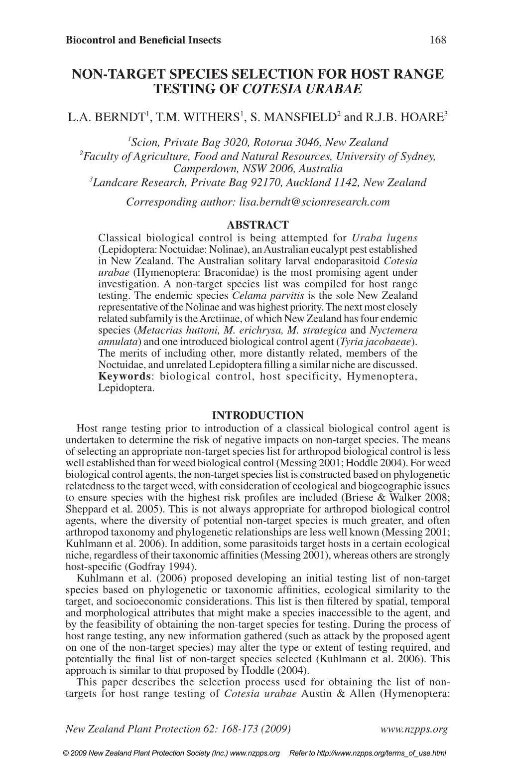 Non-Target Species Selection for Host Range Testing of Cotesia Urabae