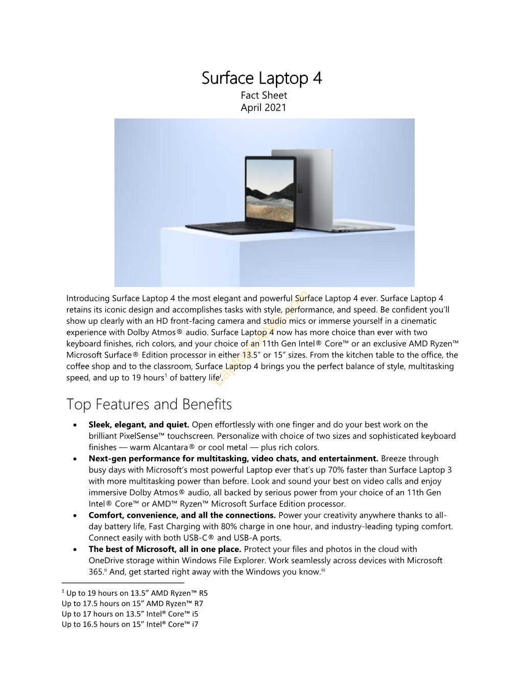 Surface Laptop 4 Fact Sheet April 2021