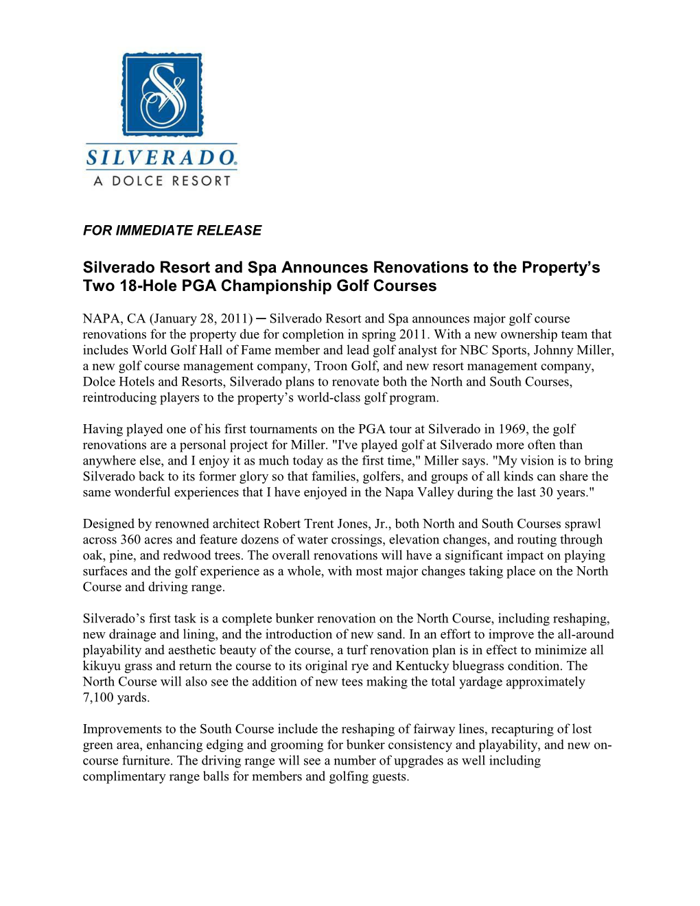 Silverado Resort and Spa Announces Renovations to the Property's Two