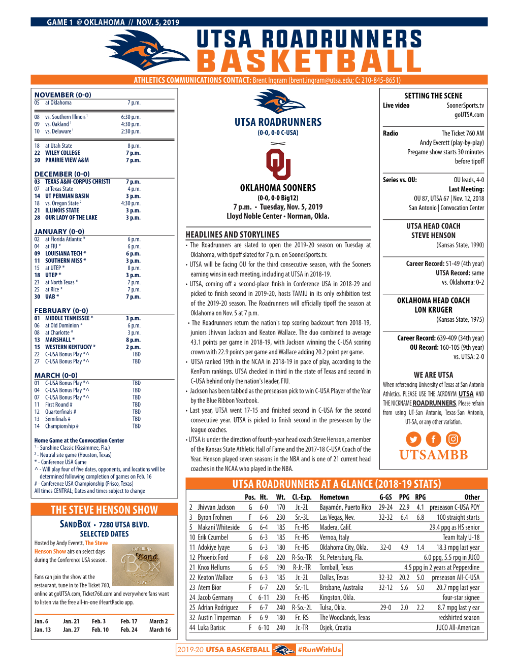 BASKETBALL ATHLETICS COMMUNICATIONS CONTACT: Brent Ingram (Brent.Ingram@Utsa.Edu; C: 210-845-8651) NOVEMBER (0-0) SETTING the SCENE 05 at Oklahoma 7 P.M