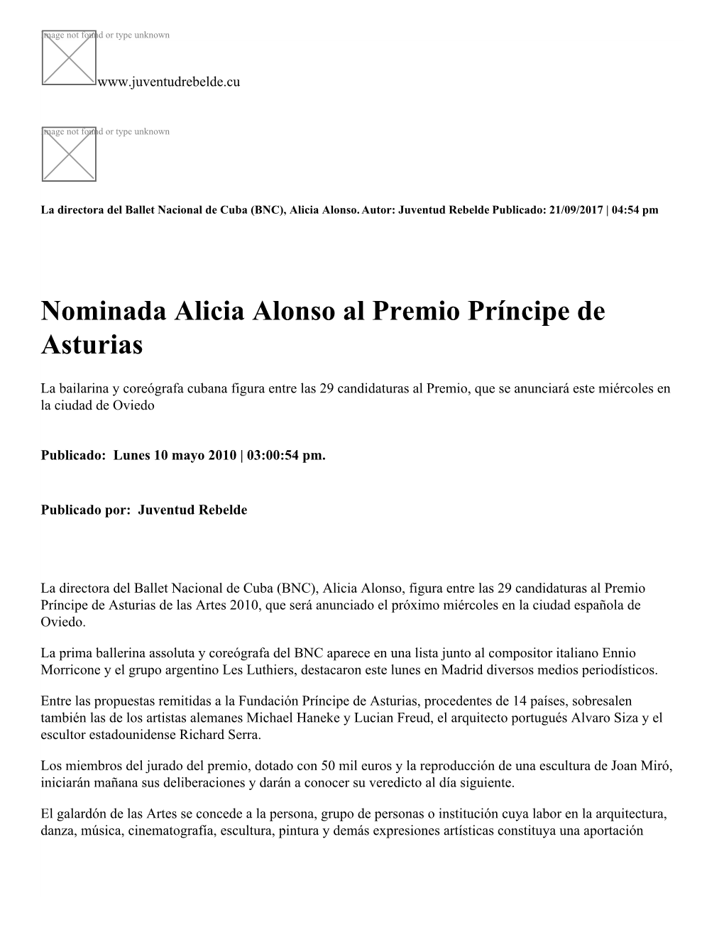 Nominada Alicia Alonso Al Premio Príncipe De Asturias