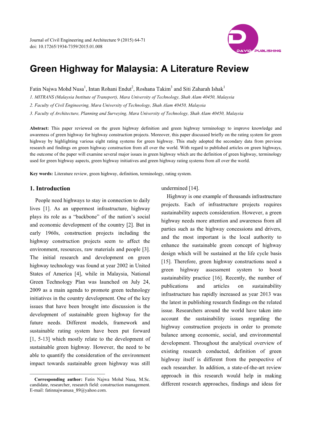 Green Highway for Malaysia: a Literature Review