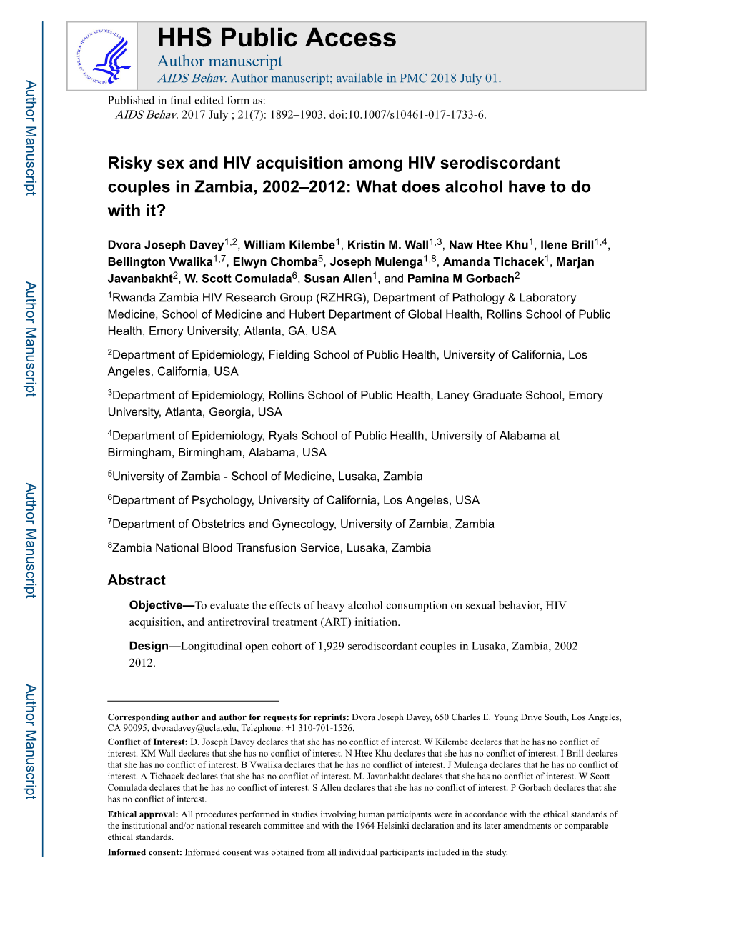 Risky Sex and HIV Acquisition Among HIV Serodiscordant Couples in Zambia, 2002–2012: What Does Alcohol Have to Do with It?