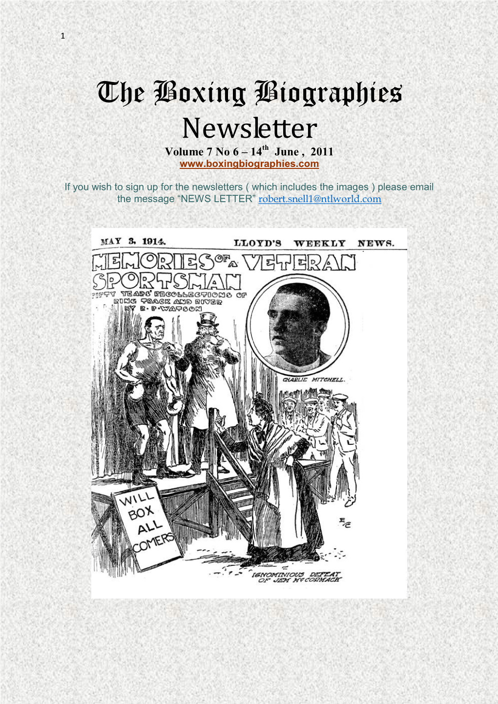 The Boxing Biographies Newsletter Volume 7 No 6 – 14Th June , 2011