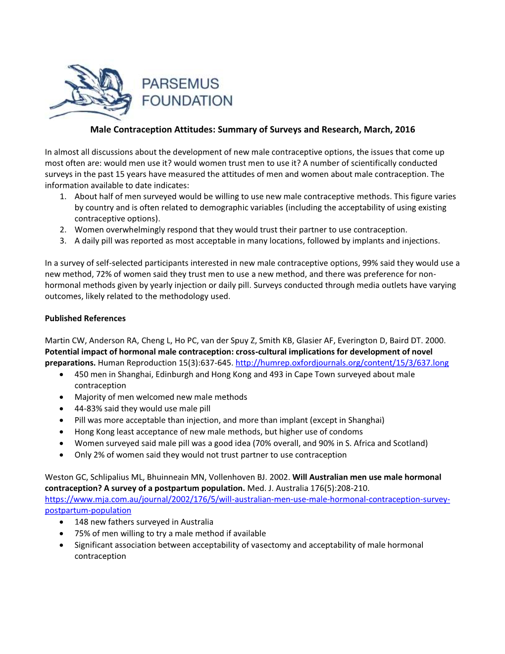 Male Contraception Attitudes: Summary of Surveys and Research, March, 2016