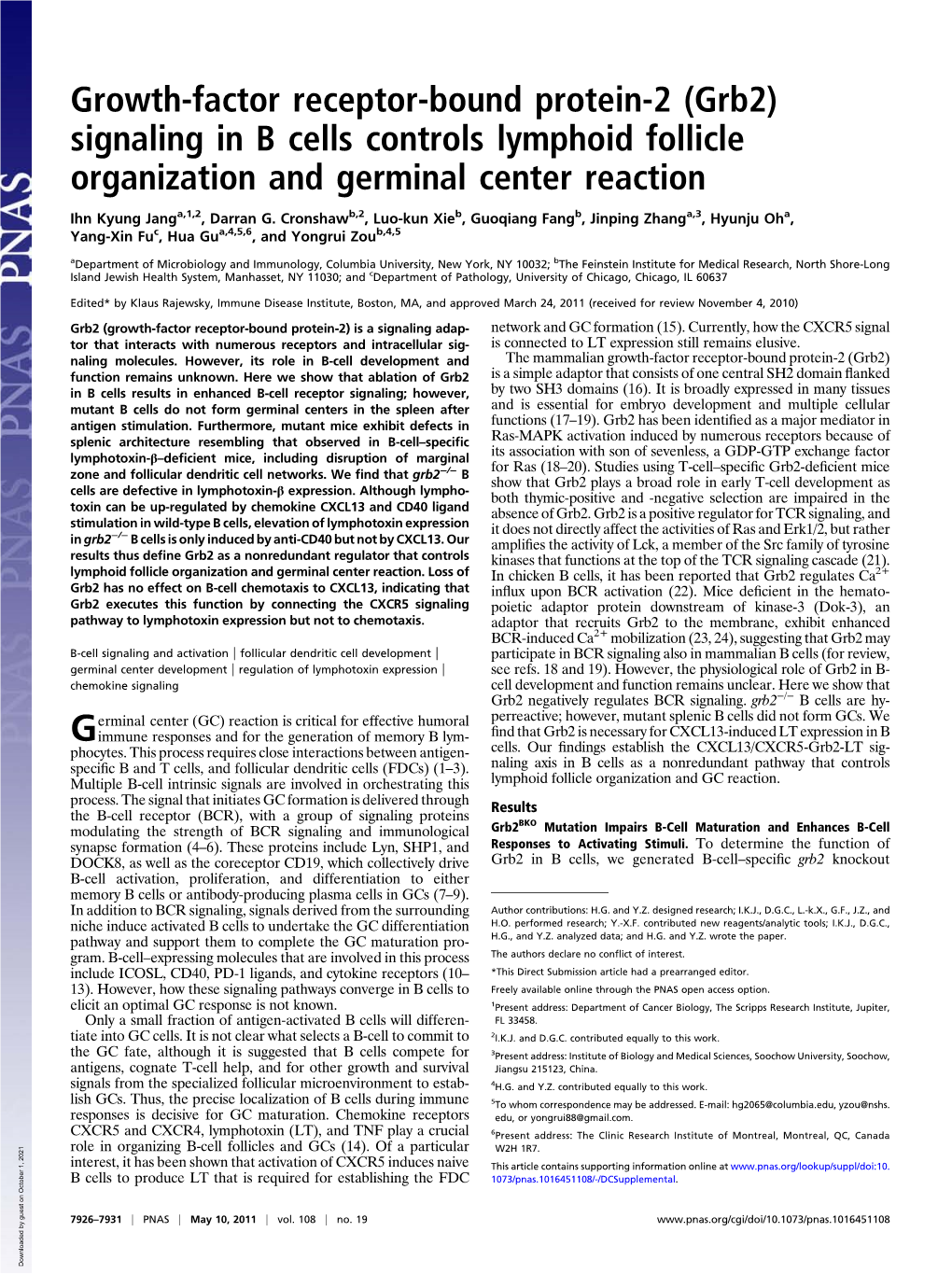 Growth-Factor Receptor-Bound Protein-2 (Grb2) Signaling in B Cells Controls Lymphoid Follicle Organization and Germinal Center Reaction